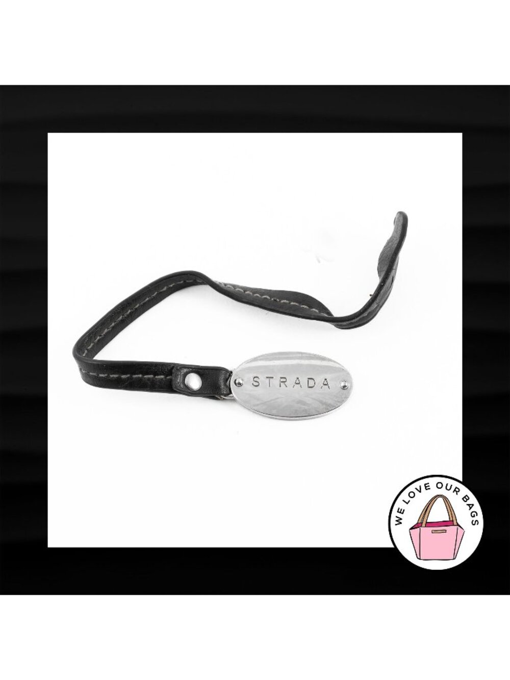 STRADA BLACK LEATHER STRAP SILVER NICKEL OVAL FOB BAG CHARM KEYCHAIN HANG TAG - Picture 1 of 1